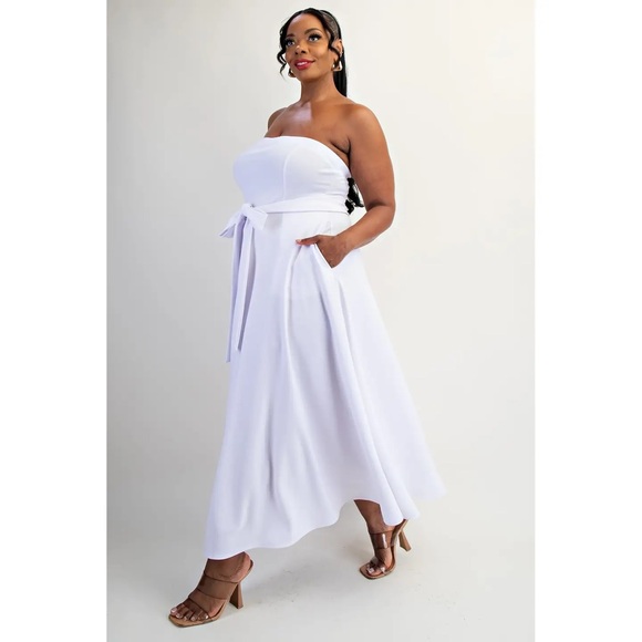 Elegant Strapless Pink Bow Midi Dress – Curvy Fit Party & Wedding Guest Style - Picture 6 of 8